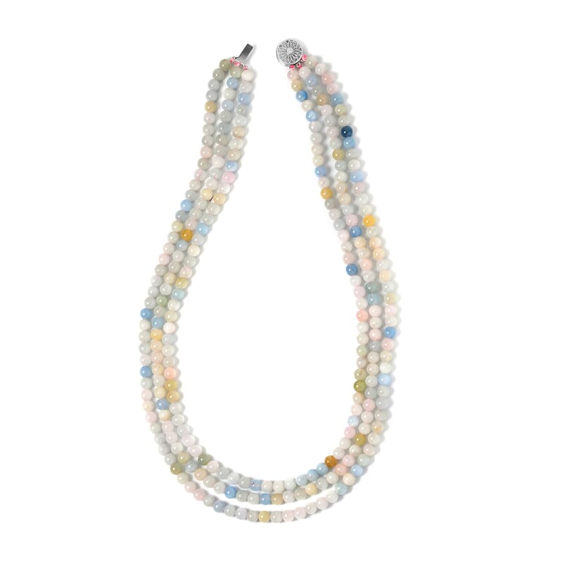 Pink Morganite, Aquamarine, Heliodor Beaded 3 Row Necklace 18-20 Inches in Rhodium Over Sterling Silver, Multi Strand Necklace 252.20 ctw