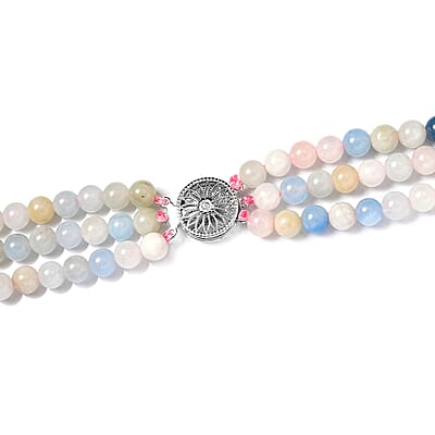 Pink Morganite, Aquamarine, Heliodor Beaded 3 Row Necklace 18-20 Inches in Rhodium Over Sterling Silver, Multi Strand Necklace 252.20 ctw