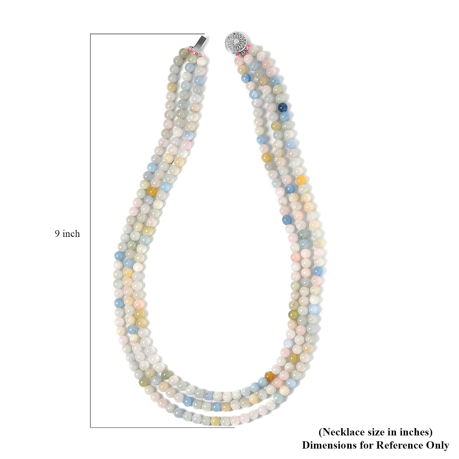 Pink Morganite, Aquamarine, Heliodor Beaded 3 Row Necklace 18-20 Inches in Rhodium Over Sterling Silver, Multi Strand Necklace 252.20 ctw