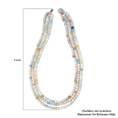 Pink Morganite, Aquamarine, Heliodor Beaded 3 Row Necklace 18-20 Inches in Rhodium Over Sterling Silver, Multi Strand Necklace 252.20 ctw