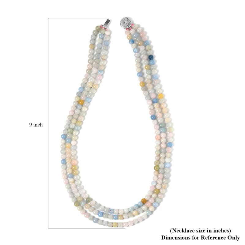 Pink Morganite, Aquamarine, Heliodor Beaded 3 Row Necklace 18-20 Inches in Rhodium Over Sterling Silver, Multi Strand Necklace 252.20 ctw