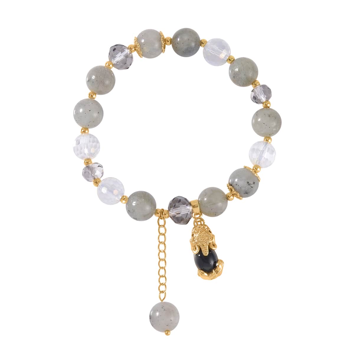 Malagasy Labradorite, Gray and White Glass, Simulated Black and White Diamond 72.65 ctw Bracelet with Charm in Goldtone image number 0