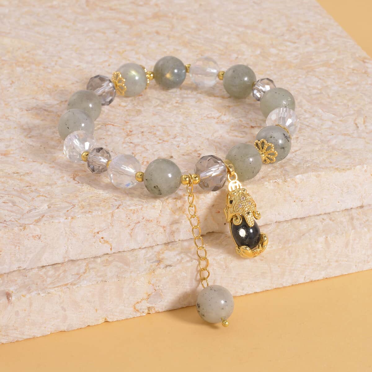 Malagasy Labradorite, Gray and White Glass, Simulated Black and White Diamond 72.65 ctw Bracelet with Charm in Goldtone image number 1