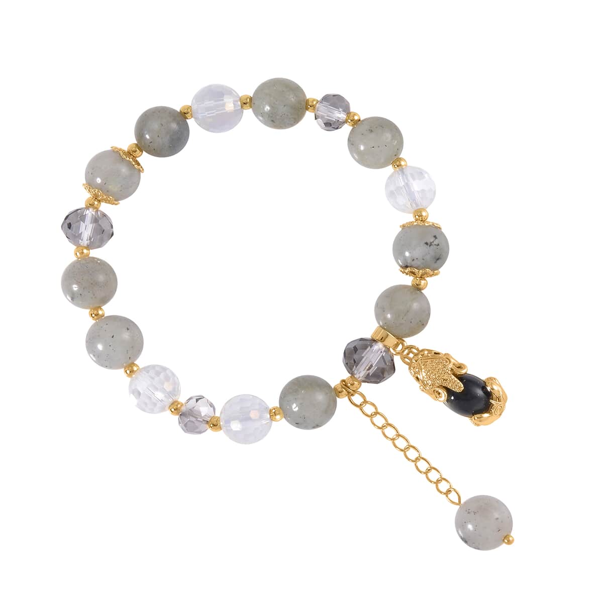 Malagasy Labradorite, Gray and White Glass, Simulated Black and White Diamond 72.65 ctw Bracelet with Charm in Goldtone image number 2