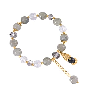 Malagasy Labradorite, Gray and White Glass, Simulated Black and White Diamond 72.65 ctw Bracelet with Charm in Goldtone