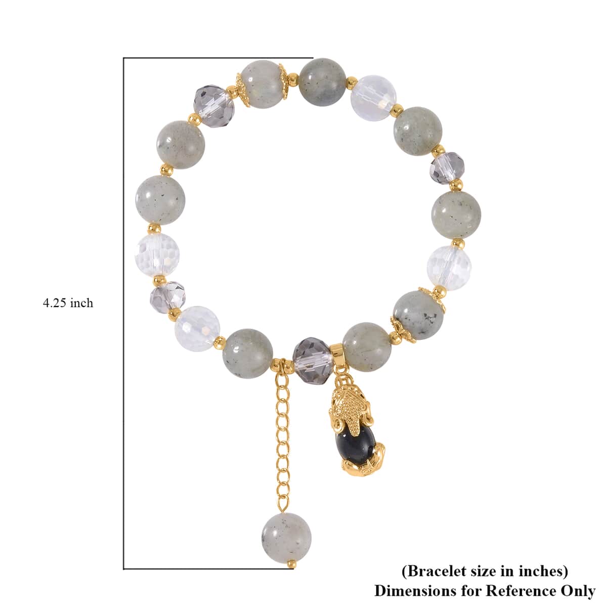 Malagasy Labradorite, Gray and White Glass, Simulated Black and White Diamond 72.65 ctw Bracelet with Charm in Goldtone image number 3