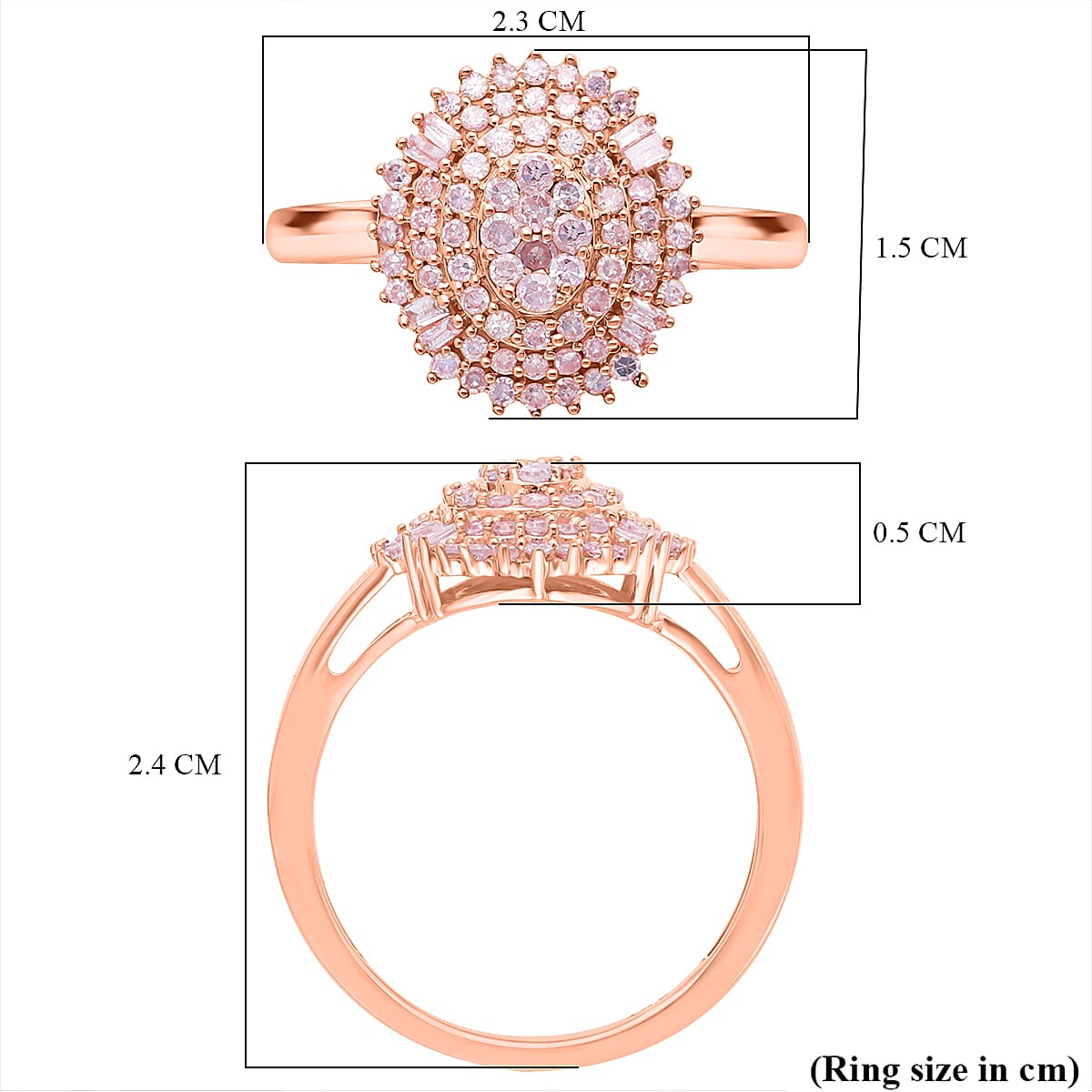 Natural Pink Diamond I3 Cluster Ring in Vermeil Rose Gold Over Sterling Silver (Size 6.0) 0.50 ctw