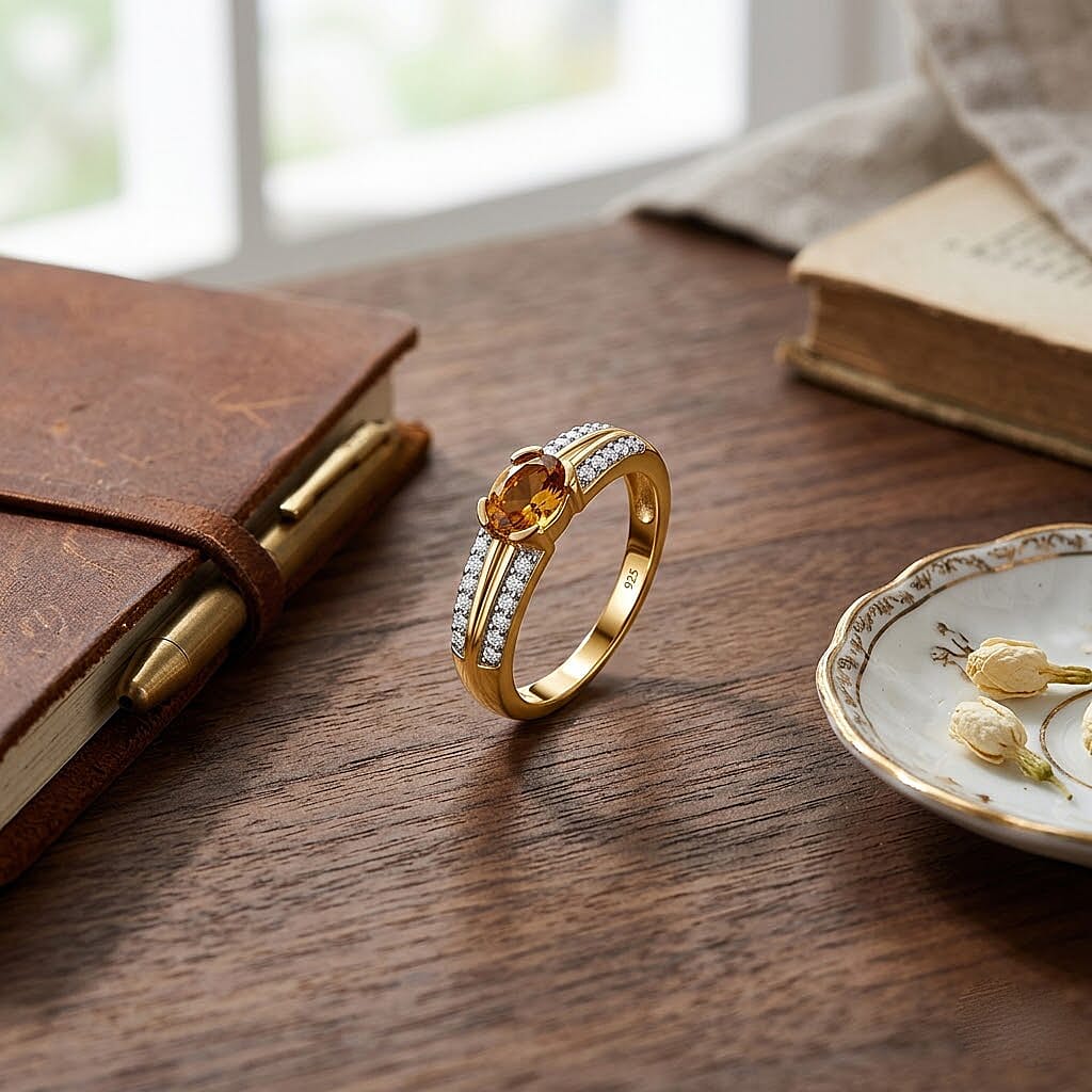 Natural Golden Tanzanite and White Zircon 0.80 ctw Ring in Vermeil Yellow Gold Over Sterling Silver (Size 10.0)