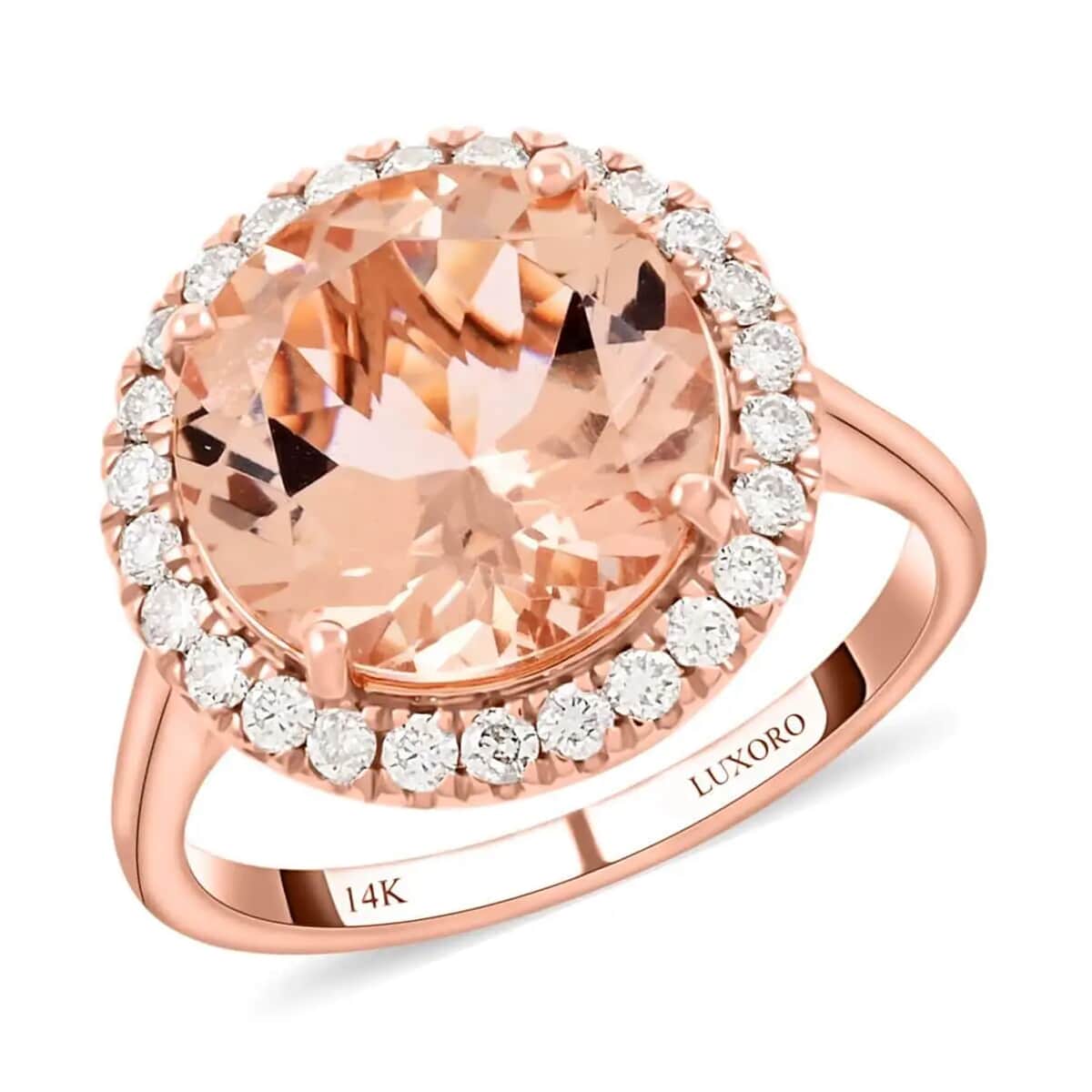 Certified & Appraised Luxoro 14K Rose Gold AAA Marropino Morganite and I2 Diamond Halo Ring 4.65 ctw image number 0