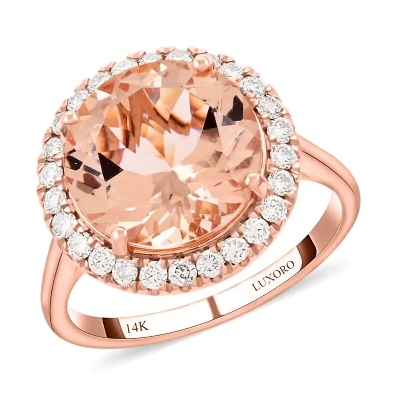 Certified & Appraised Luxoro AAA Marropino Morganite and I2 Diamond 4.65 ctw Halo Ring in  14K Rose Gold (Size 10.0)