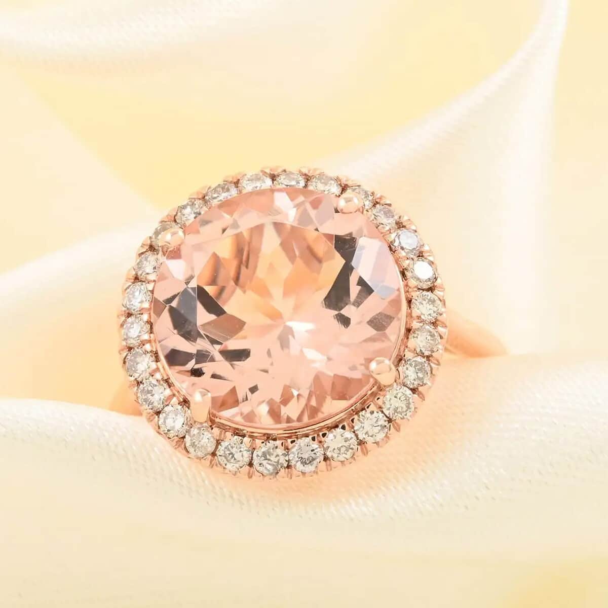 Certified & Appraised Luxoro 14K Rose Gold AAA Marropino Morganite and I2 Diamond Halo Ring 4.65 ctw image number 1