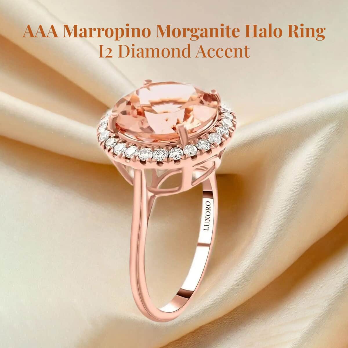 Certified & Appraised Luxoro 14K Rose Gold AAA Marropino Morganite and I2 Diamond Halo Ring (Size 10.0) 4.65 ctw image number 2