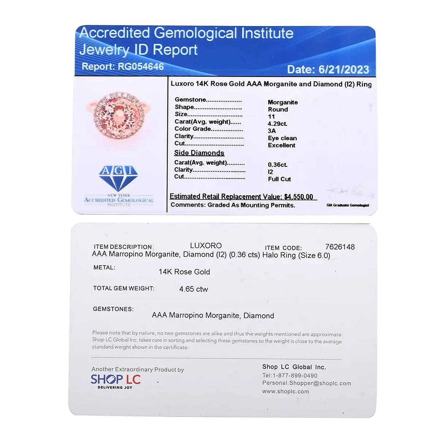 Certified & Appraised Luxoro AAA Marropino Morganite and I2 Diamond 4.65 ctw Halo Ring in  14K Rose Gold (Size 10.0)