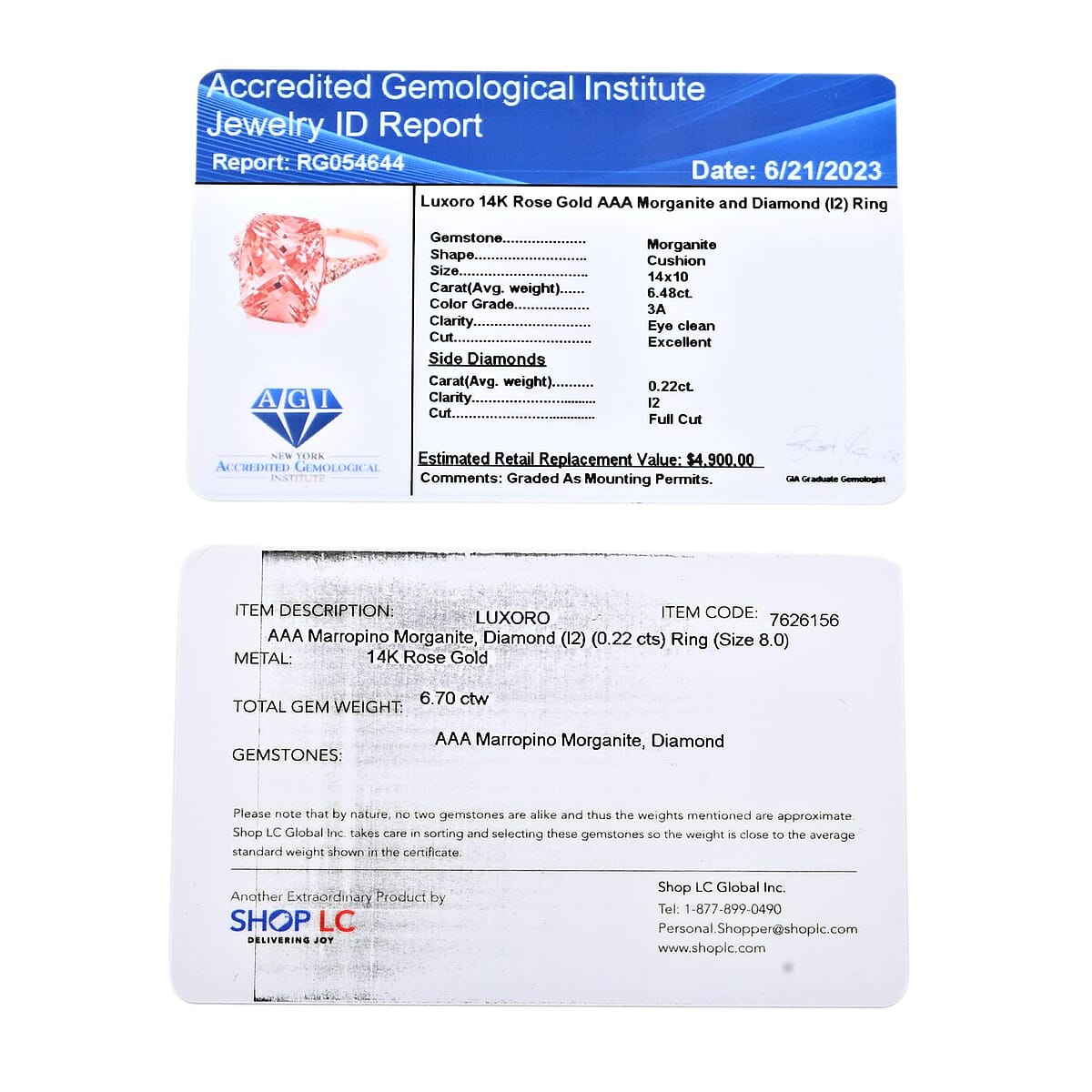 Certified & Appraised Luxoro 14K Rose Gold AAA Marropino Morganite and I2 Diamond Ring (Size 8.0) 6.70 ctw image number 6