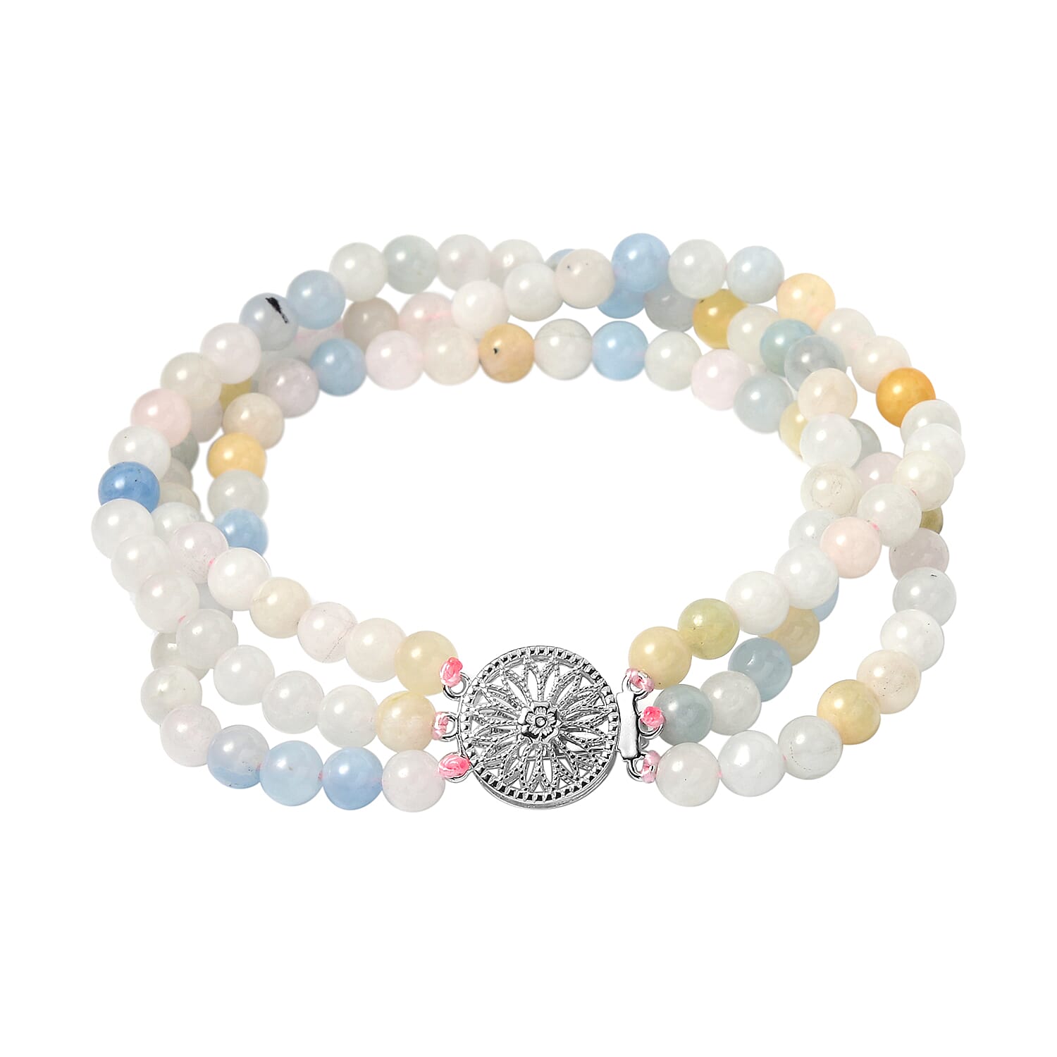 Pink Morganite, Aquamarine, Heliodor Beaded 3 Row Bracelet in Rhodium Over Sterling Silver (6.50 In) 88.85 ctw