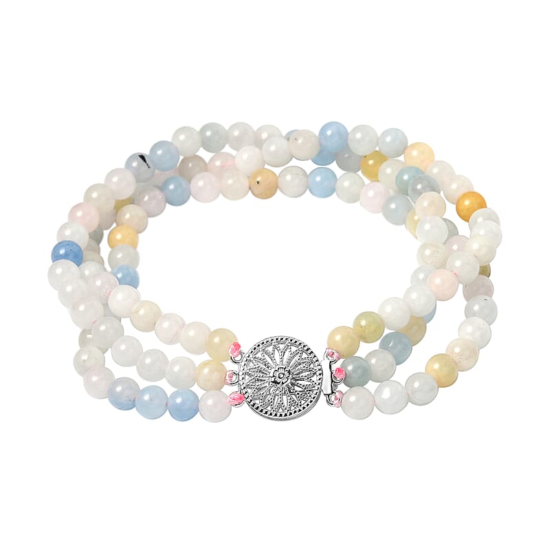 Pink Morganite, Aquamarine, Heliodor Beaded 3 Row Bracelet in Rhodium Over Sterling Silver (6.50 In) 88.85 ctw