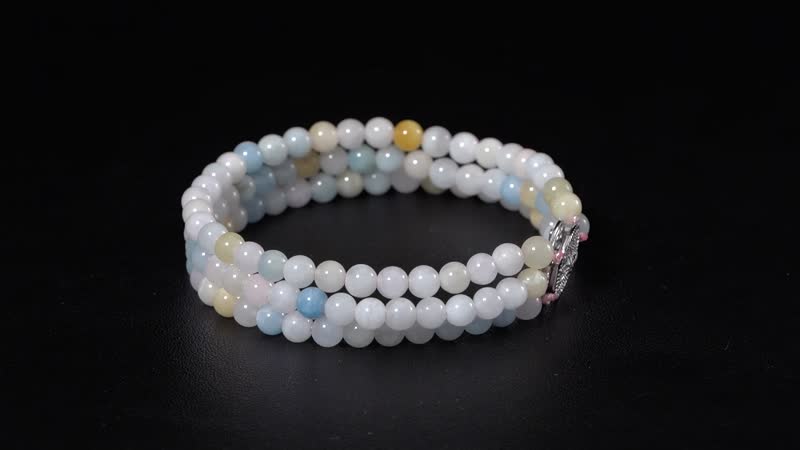 Pink Morganite, Aquamarine, Heliodor Beaded 3 Row Bracelet in Rhodium Over Sterling Silver (6.50 In) 88.85 ctw