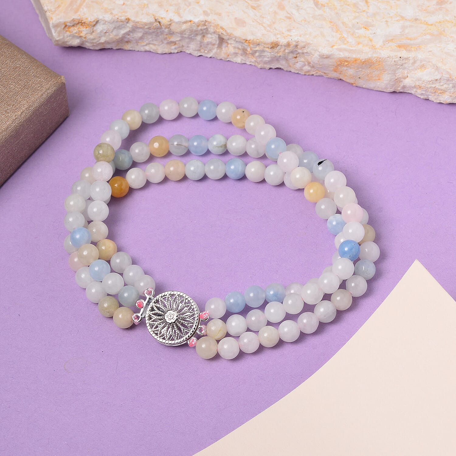 Pink Morganite, Aquamarine, Heliodor Beaded 3 Row Bracelet in Rhodium Over Sterling Silver (6.50 In) 88.85 ctw