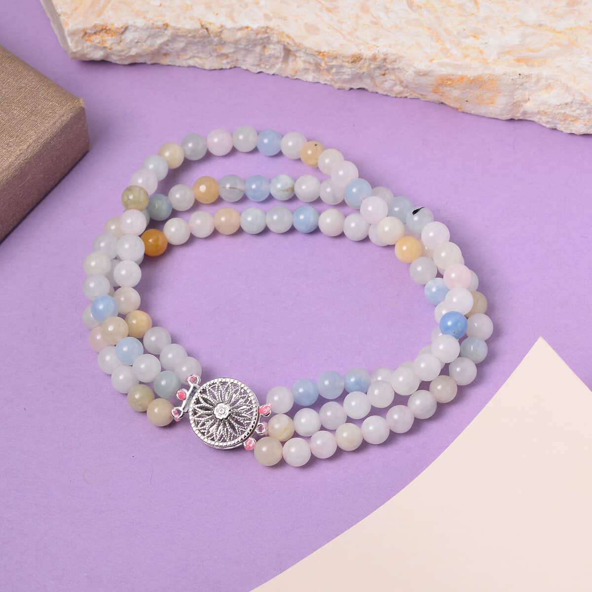 Buy Pink Morganite, Aquamarine, Heliodor Beaded 3 Row Bracelet in ...