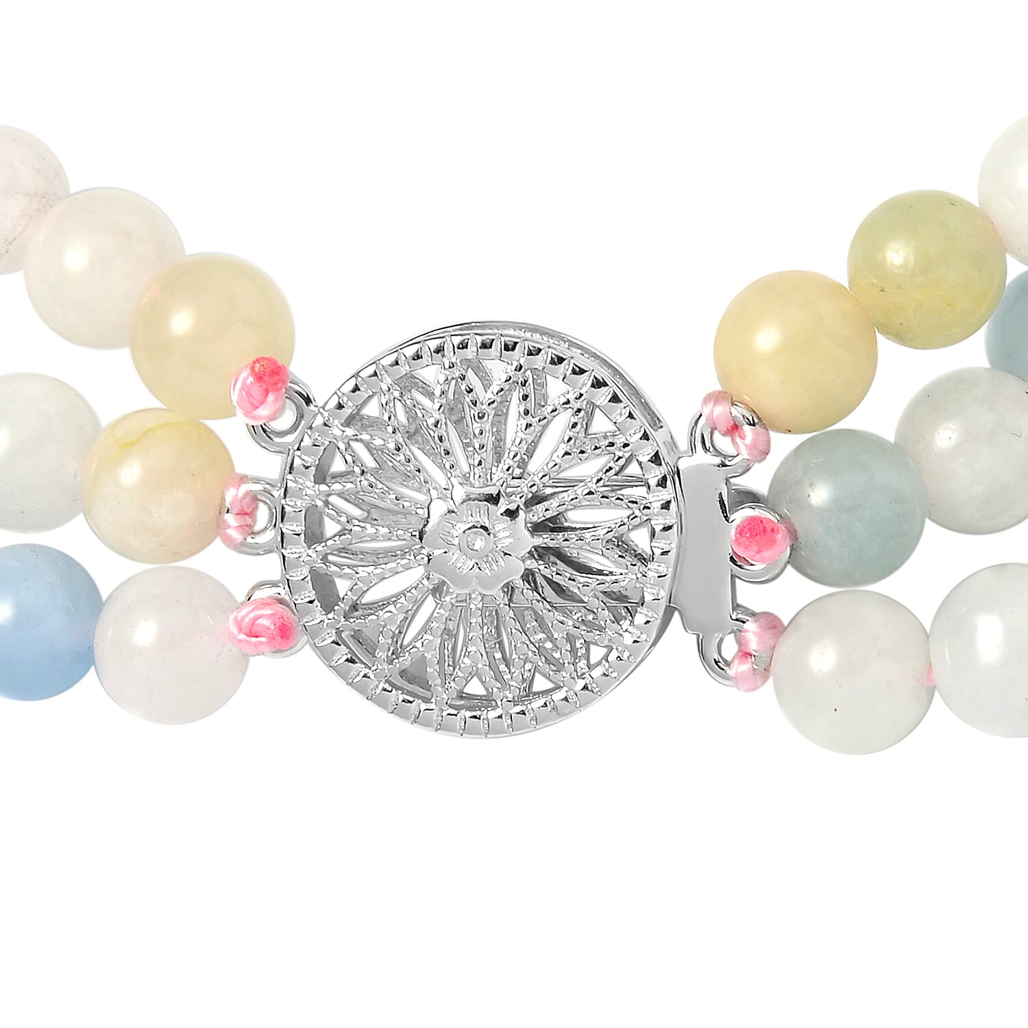 Pink Morganite, Aquamarine, Heliodor Beaded 3 Row Bracelet in Rhodium Over Sterling Silver (6.50 In) 88.85 ctw