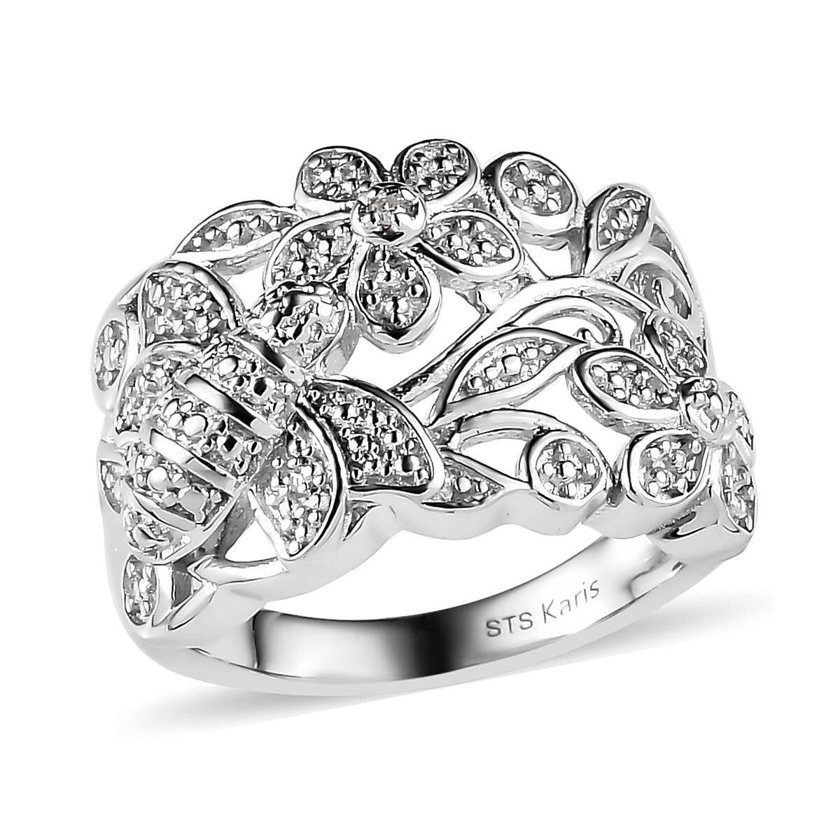 Karis White Diamond Accent Bee and Floral Ring in Platinum Bond (Size 10.0) image number 0