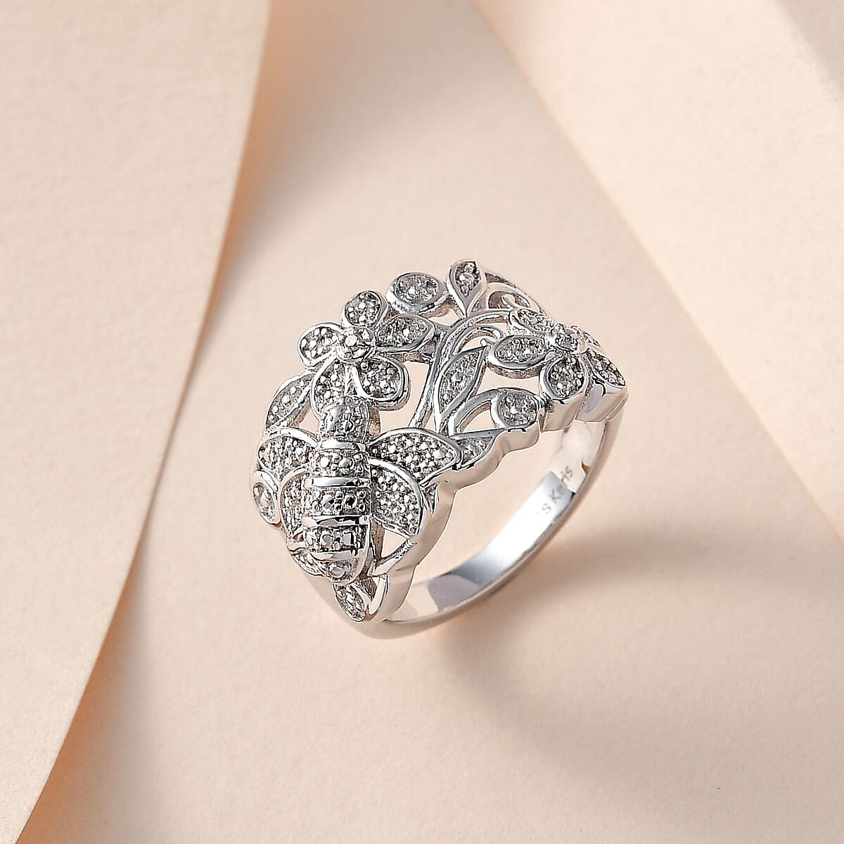 Karis White Diamond Accent Bee and Floral Ring in Platinum Bond (Size 10.0) image number 1