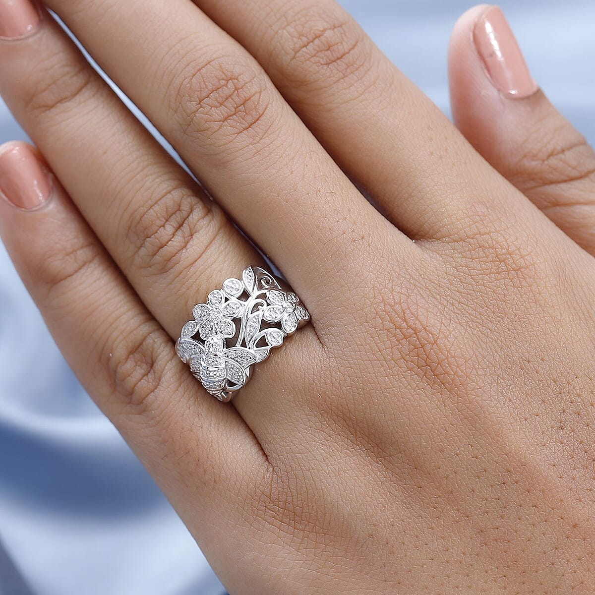 Karis White Diamond Accent Bee and Floral Ring in Platinum Bond (Size 10.0) image number 2