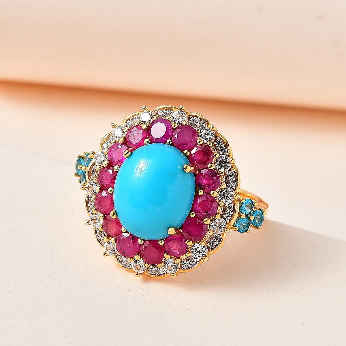 Premium Sleeping Beauty Turquoise and Multi Gemstone Ring in Vermeil Yellow Gold Over Sterling Silver 7.70 ctw (Del. in 3-5 Days) image number 1