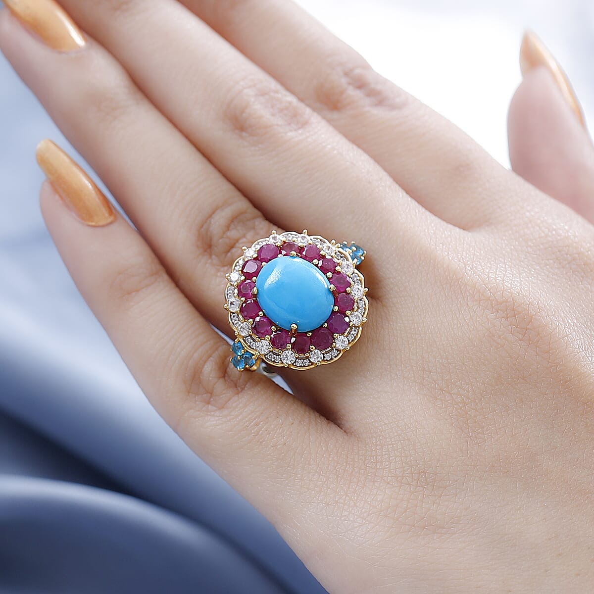 Premium Sleeping Beauty Turquoise and Multi Gemstone Ring in Vermeil Yellow Gold Over Sterling Silver 7.70 ctw (Del. in 3-5 Days) image number 2
