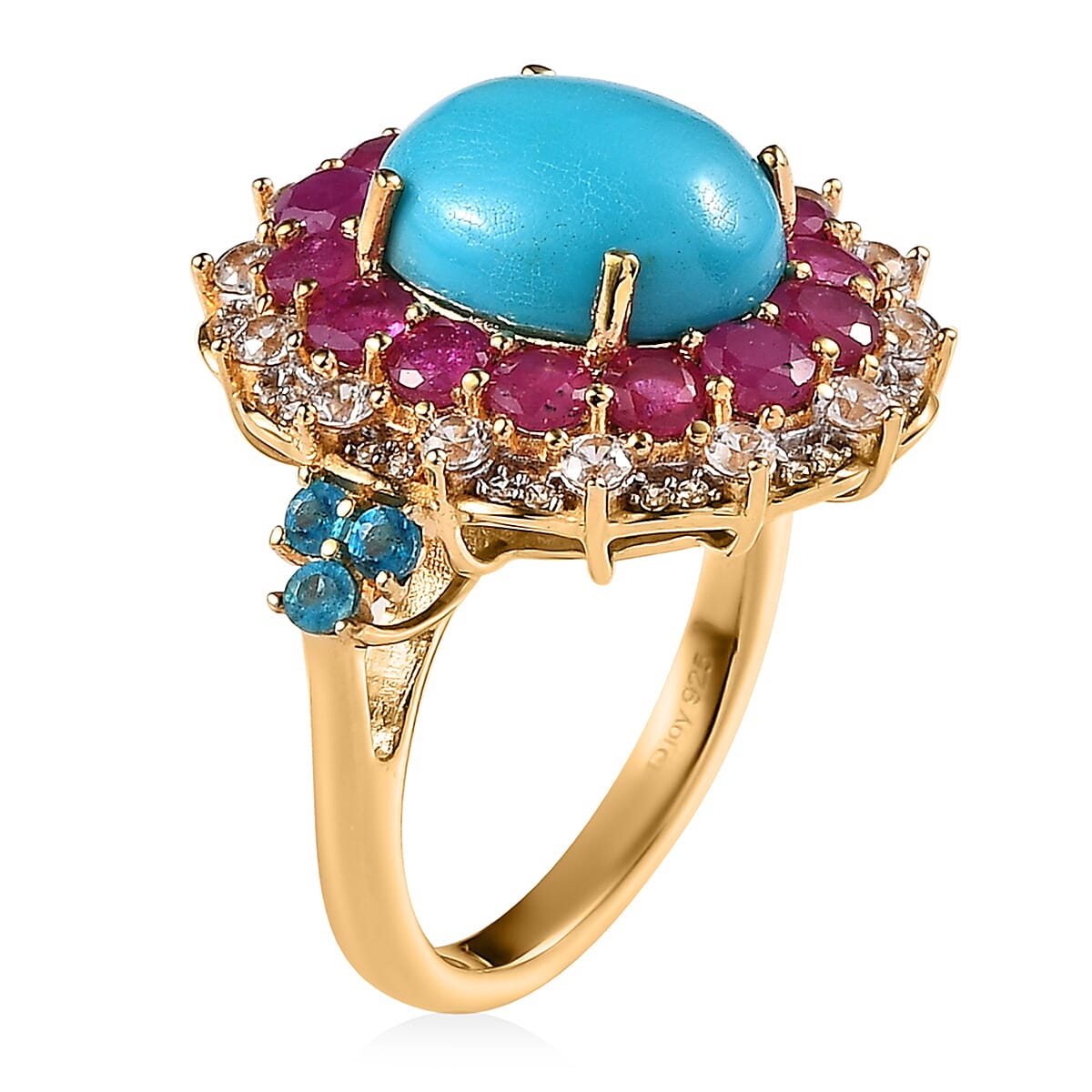 Premium Sleeping Beauty Turquoise and Multi Gemstone Ring in Vermeil Yellow Gold Over Sterling Silver 7.70 ctw (Del. in 3-5 Days) image number 3