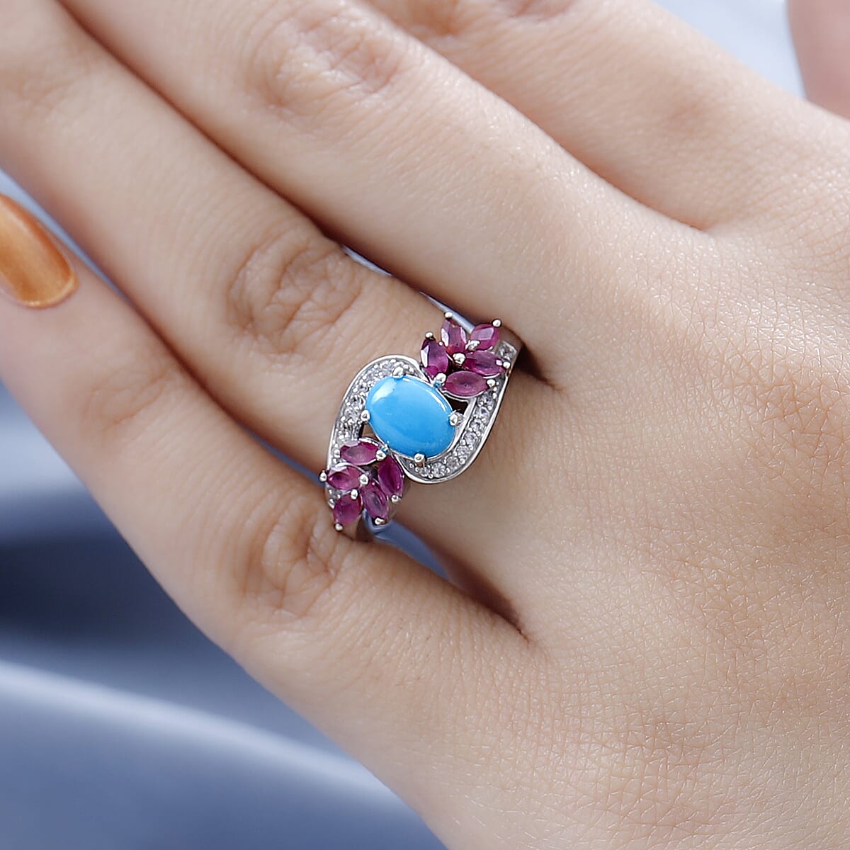 Premium Sleeping Beauty Turquoise and Multi Gemstone Ring in Platinum Over Sterling Silver 2.10 ctw (Del. in 3-5 Days) image number 2