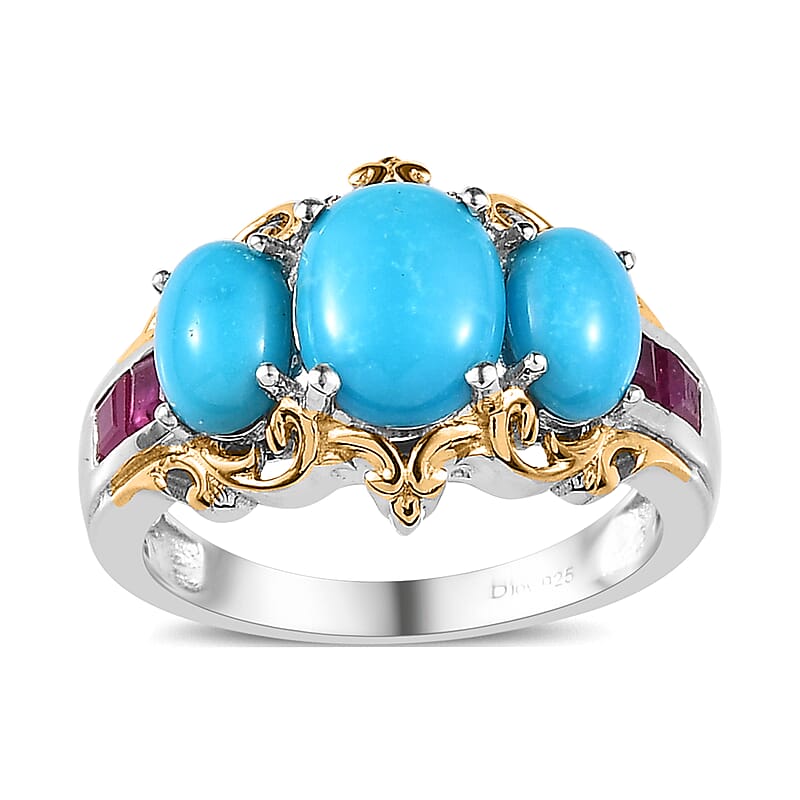 Premium Sleeping Beauty Turquoise and Niassa Ruby (FF) Ring in Vermeil YG and Platinum Over Sterling Silver (Size 10.0) 3.50 ctw