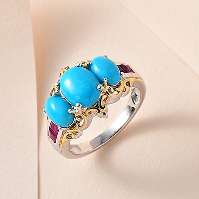 Premium Sleeping Beauty Turquoise and Niassa Ruby (FF) Ring in Vermeil YG and Platinum Over Sterling Silver (Size 10.0) 3.50 ctw