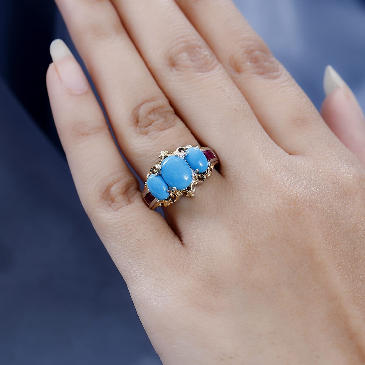 Premium Sleeping Beauty Turquoise, Niassa Ruby (FF) Ring in Vermeil YG and Platinum Over Sterling Silver (Size 10.0) (Del. in 3-5 Days) 3.50 ctw image number 2