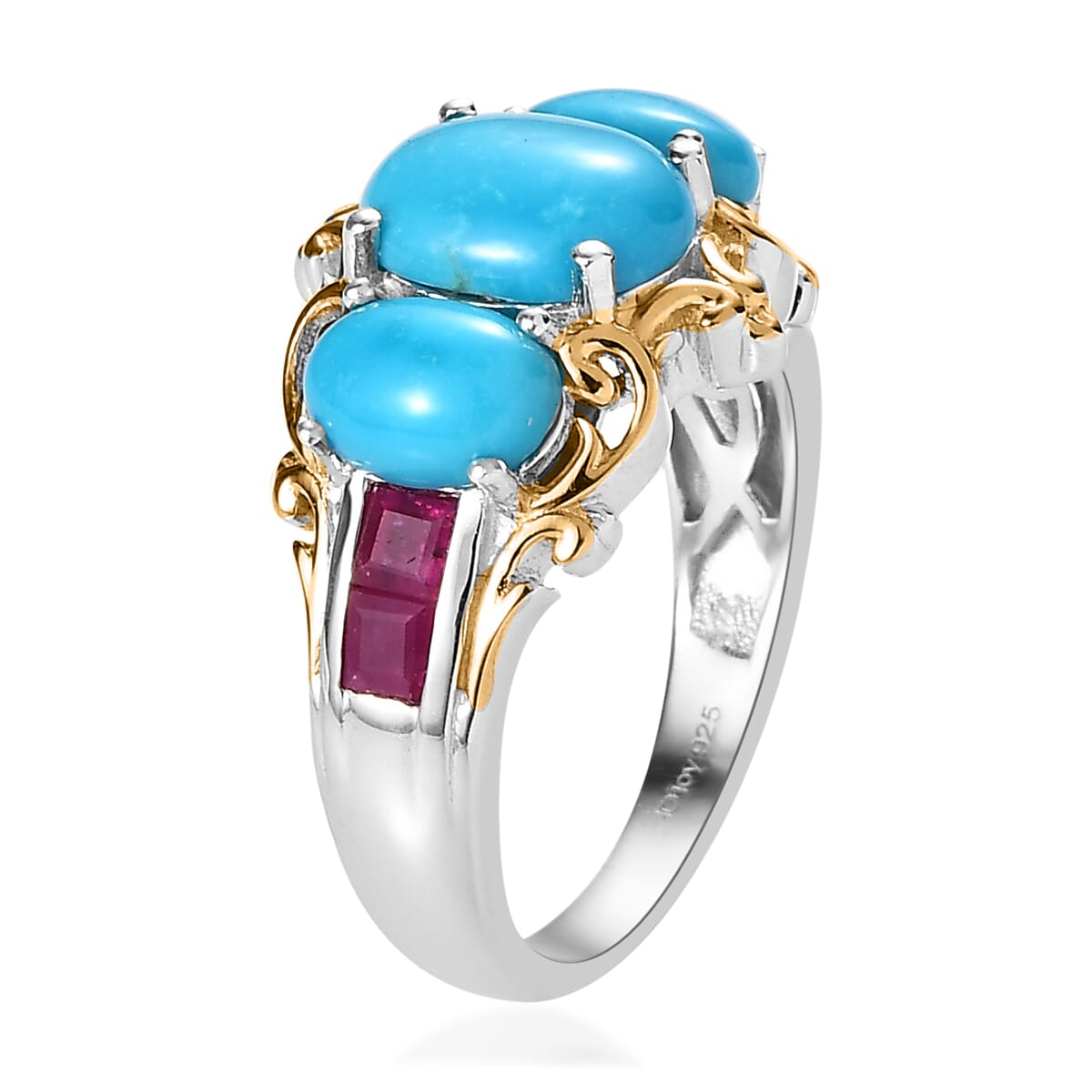 Premium Sleeping Beauty Turquoise, Niassa Ruby (FF) Ring in Vermeil YG and Platinum Over Sterling Silver (Size 10.0) (Del. in 3-5 Days) 3.50 ctw image number 3