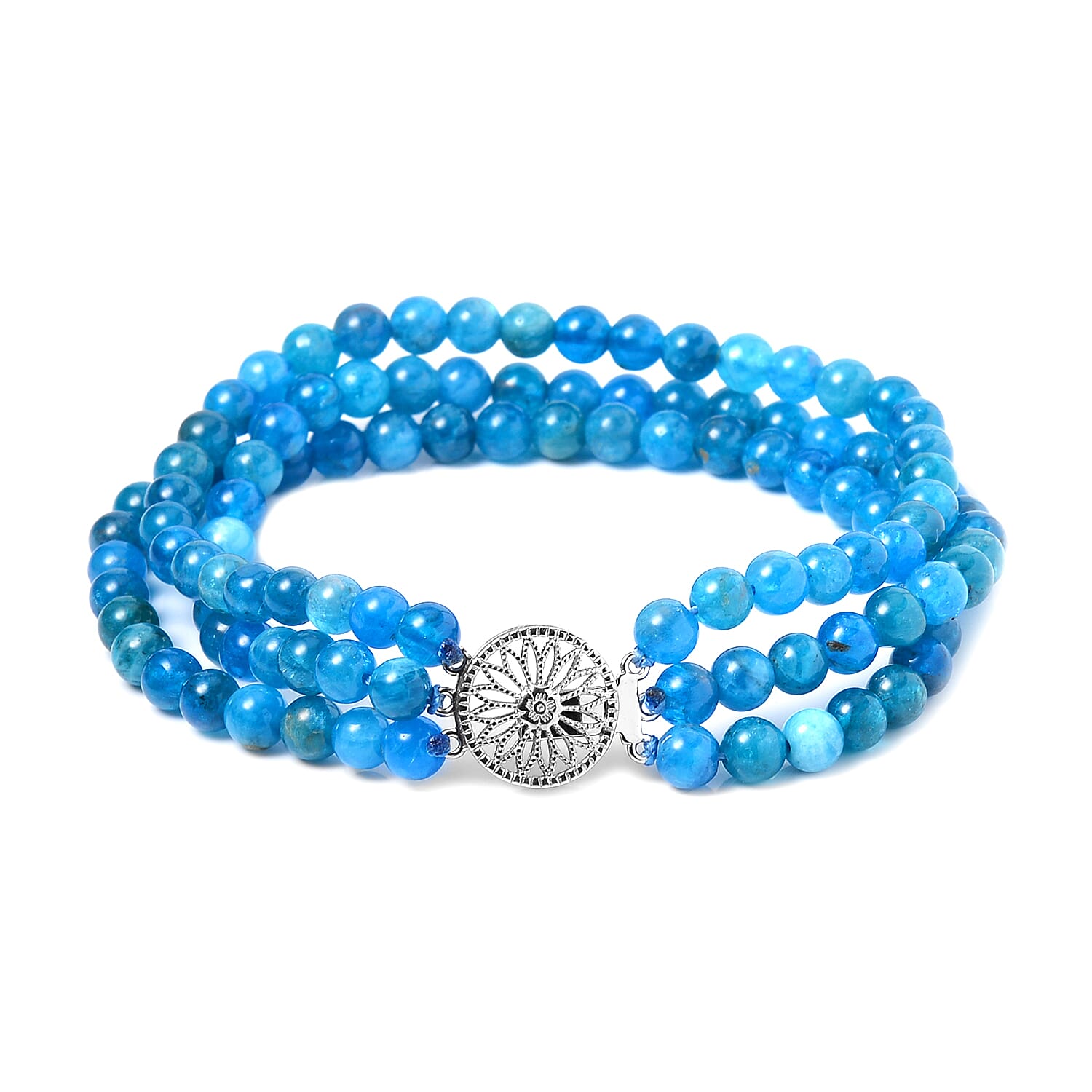 Blue Apatite Beaded 3 Row Bracelet in Rhodium Over Sterling Silver (7.25 In) 105.00 ctw