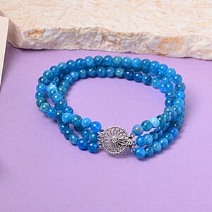 Blue Apatite Beaded 3 Row Bracelet in Rhodium Over Sterling Silver (7.25 In) 105.00 ctw