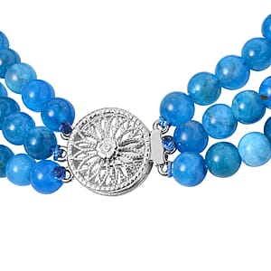 Blue Apatite Beaded 3 Row Bracelet in Rhodium Over Sterling Silver (7.25 In) 105.00 ctw