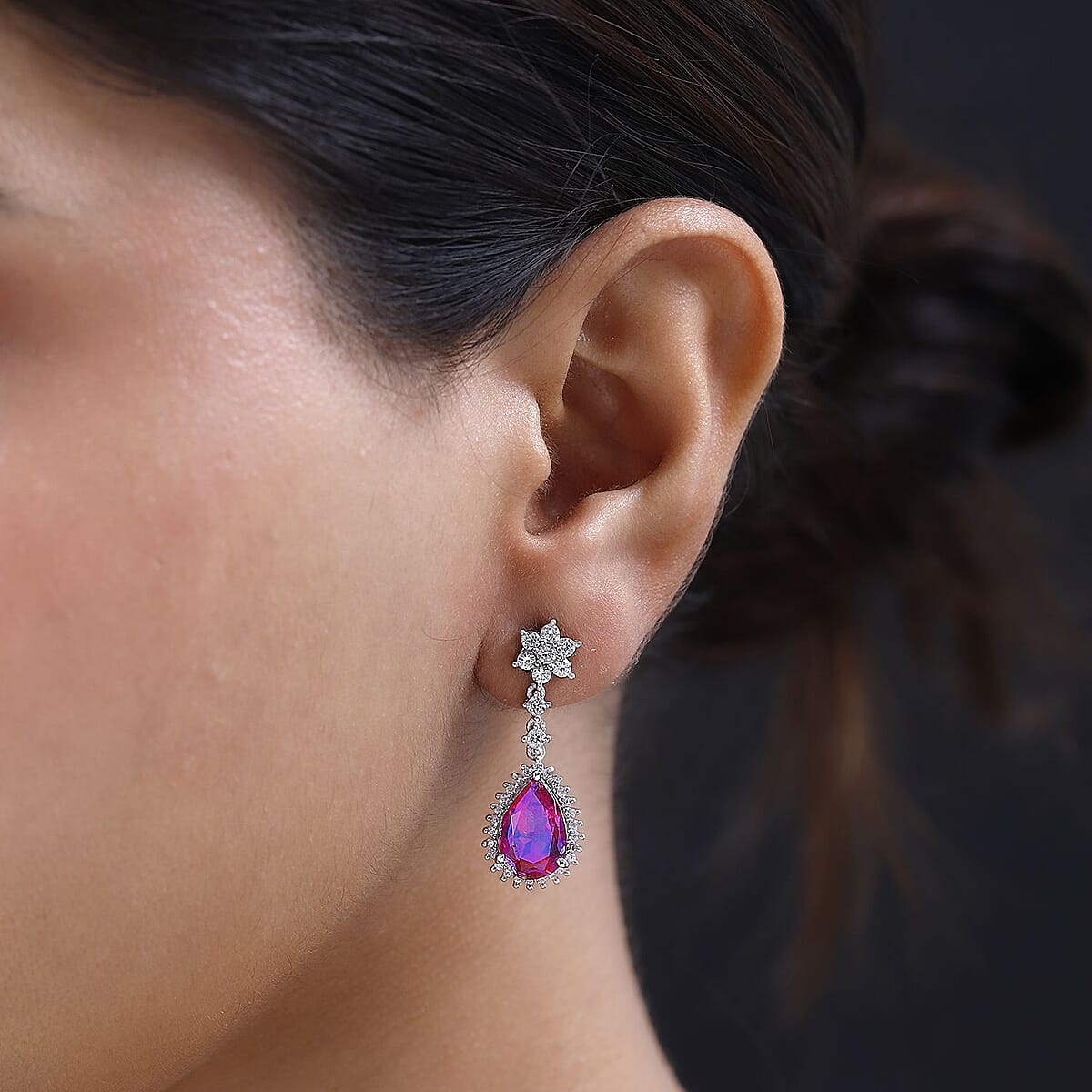 Volcanic Quartz (Triplet) and White Zircon Dangling Earrings in Platinum Over Sterling Silver 8.50 ctw image number 2
