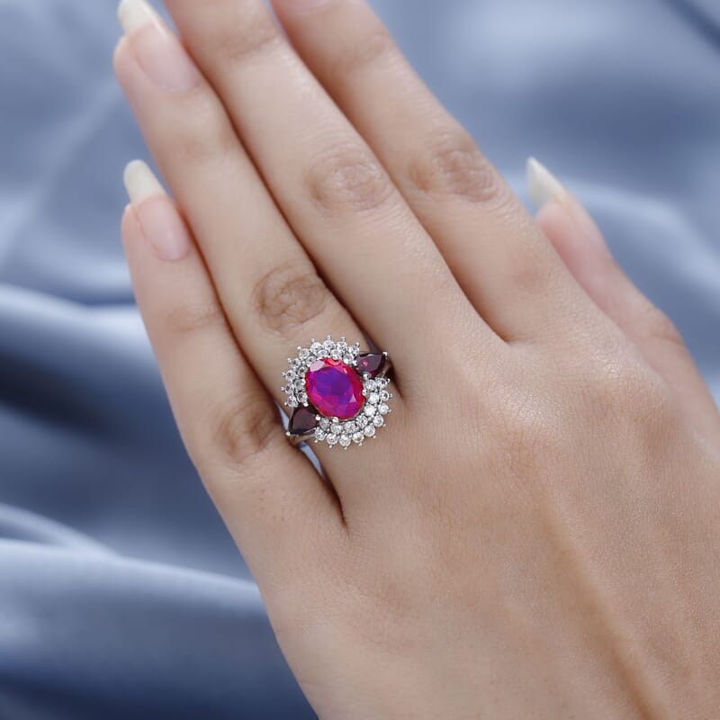 Volcanic Quartz (Triplet) and Multi Gemstone Cocktail Ring in Platinum Over Sterling Silver (Size 10.0) 5.20 ctw