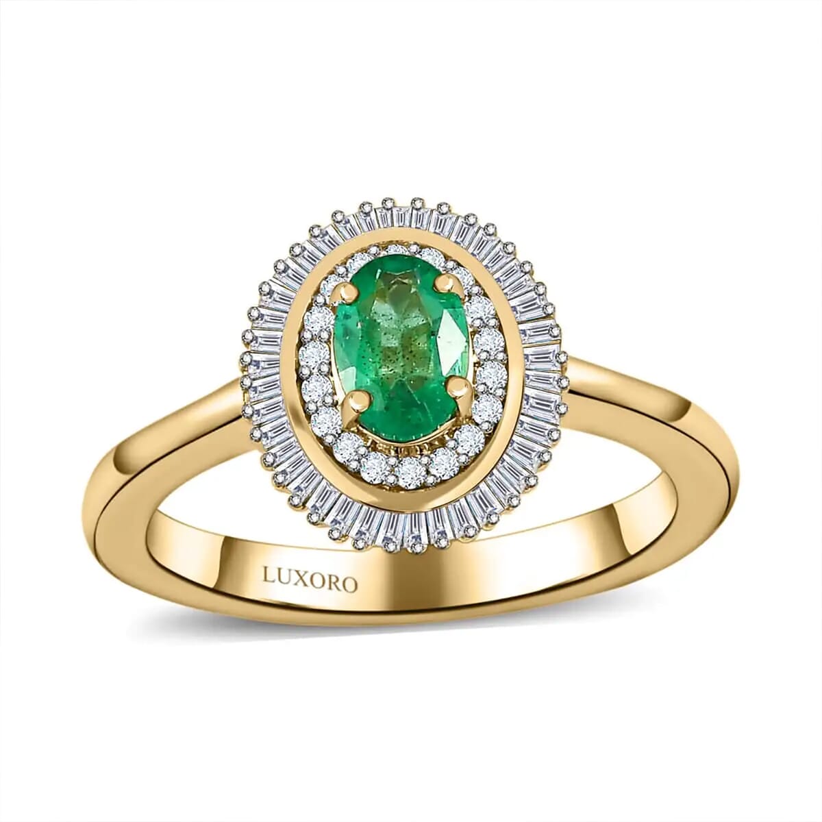 Luxoro AAA Kagem Zambian Emerald and Diamond 1.10 ctw Double Halo Ring in 10K Yellow Gold (Size 7.0) image number 0
