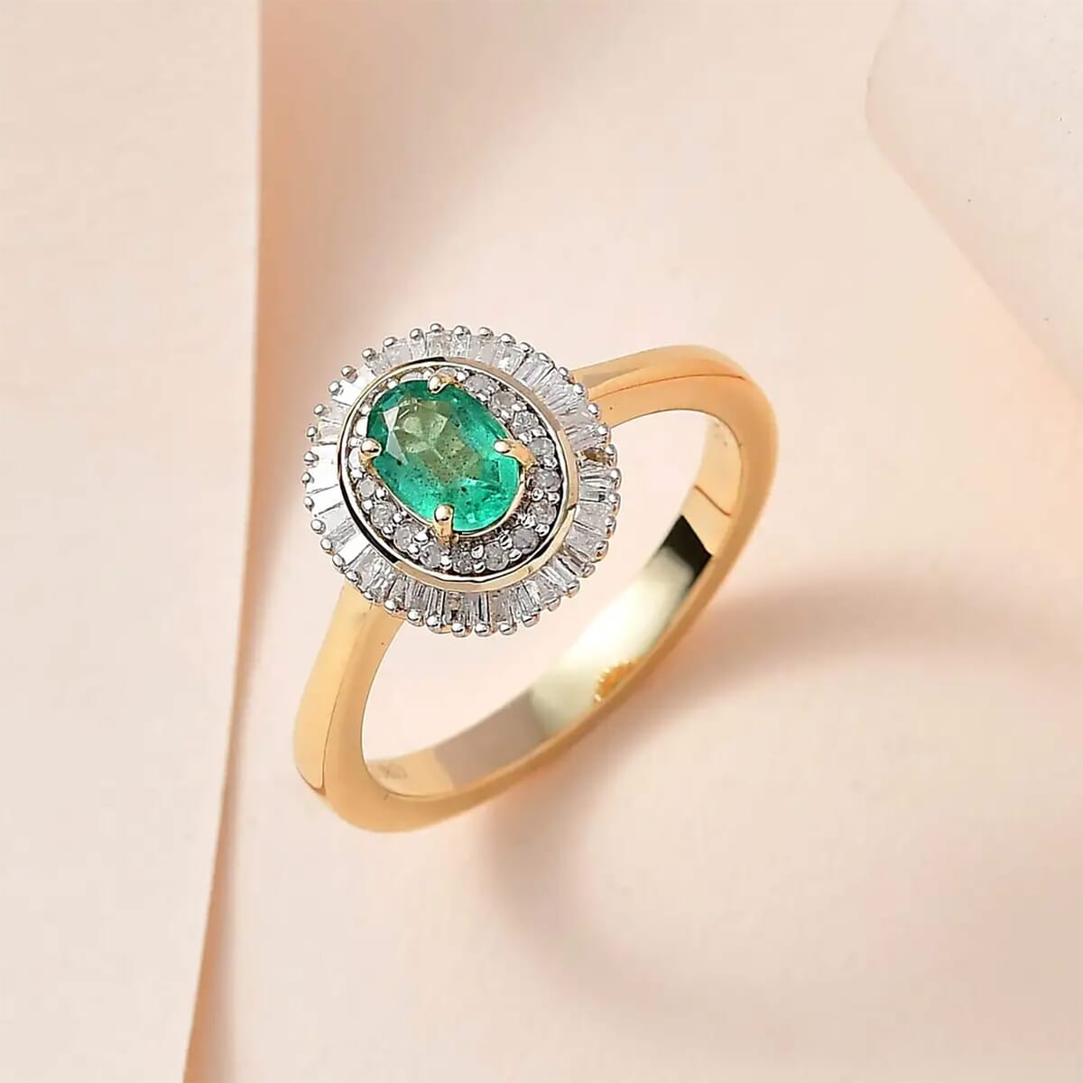 Luxoro AAA Kagem Zambian Emerald and Diamond 1.10 ctw Double Halo Ring in 10K Yellow Gold (Size 7.0) image number 1