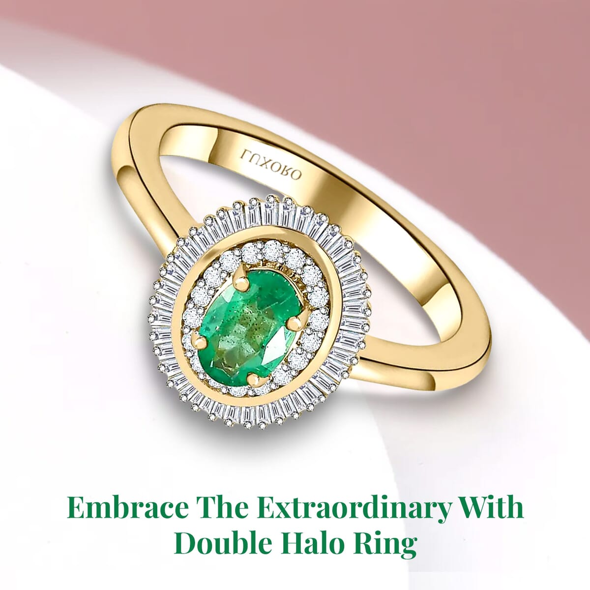 Luxoro AAA Kagem Zambian Emerald and Diamond 1.10 ctw Double Halo Ring in 10K Yellow Gold (Size 7.0) image number 2