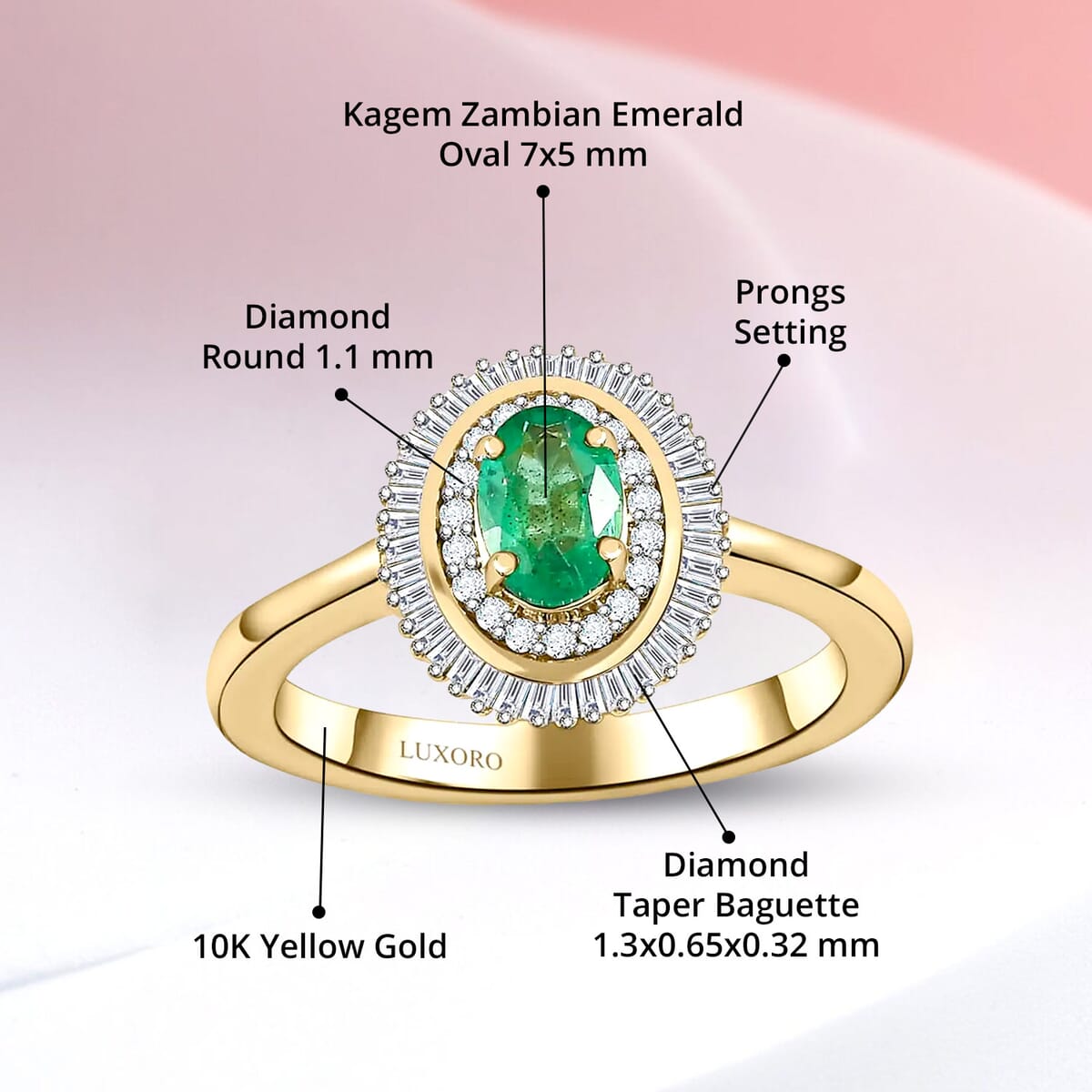 Luxoro AAA Kagem Zambian Emerald and Diamond 1.10 ctw Double Halo Ring in 10K Yellow Gold (Size 7.0) image number 4