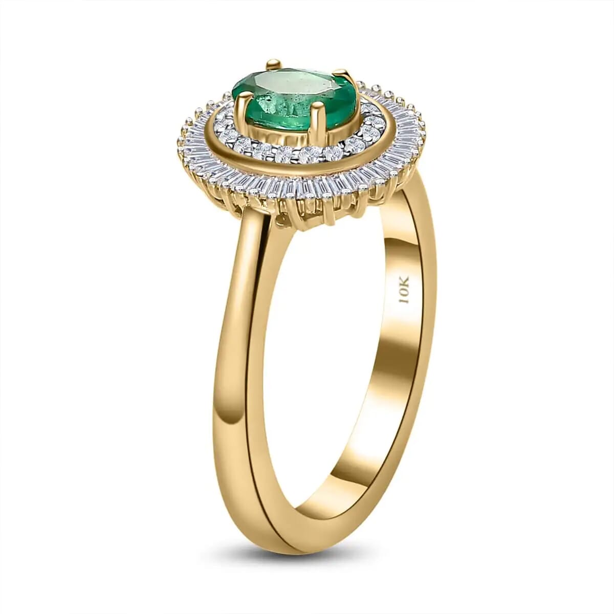 Luxoro AAA Kagem Zambian Emerald and Diamond 1.10 ctw Double Halo Ring in 10K Yellow Gold (Size 7.0) image number 8