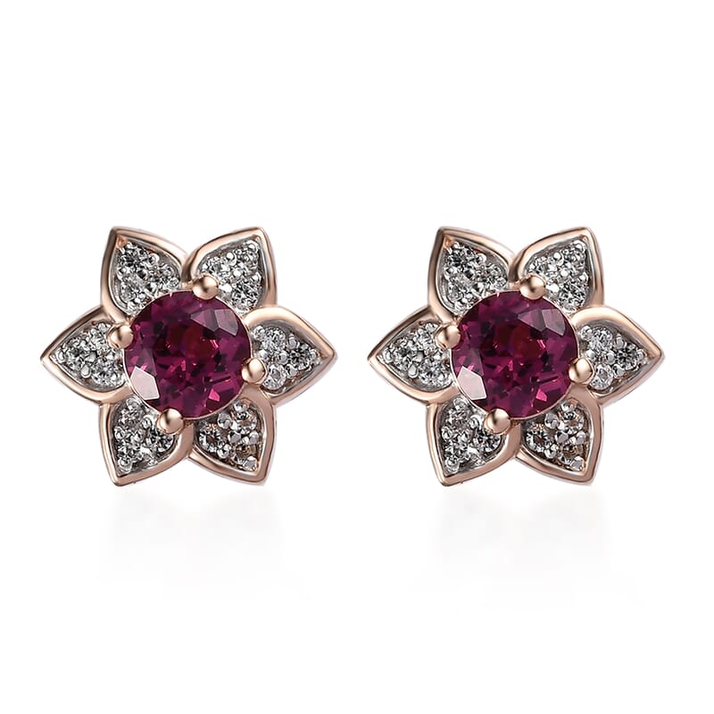 Tanzanian Rhodolite Garnet and White Zircon Flower Stud Earrings in Vermeil Rose Gold Over Sterling Silver 1.50 ctw