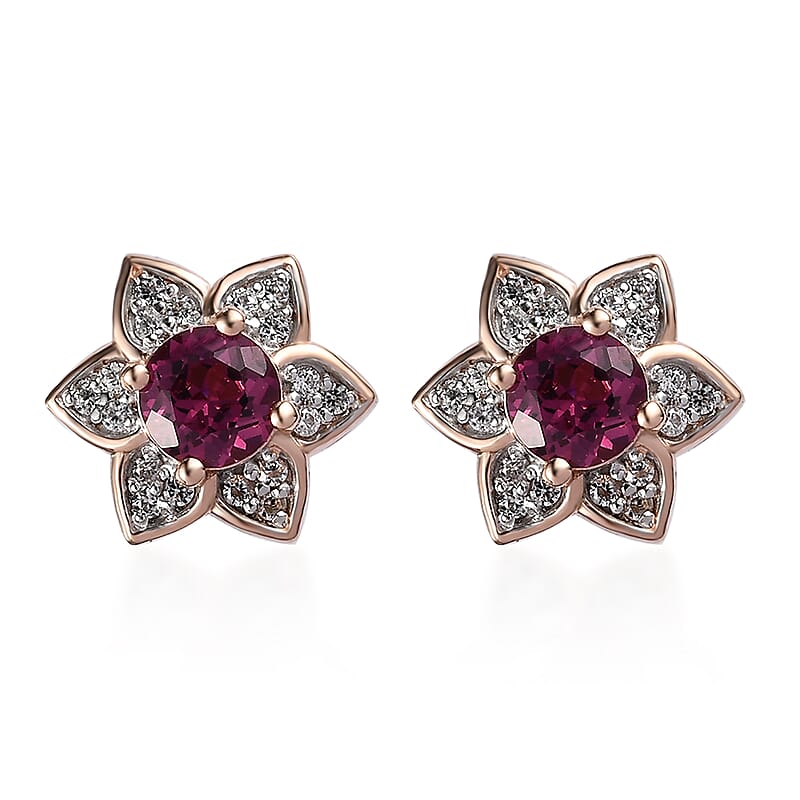 Tanzanian Rhodolite Garnet and White Zircon Flower Stud Earrings in Vermeil Rose Gold Over Sterling Silver 1.50 ctw