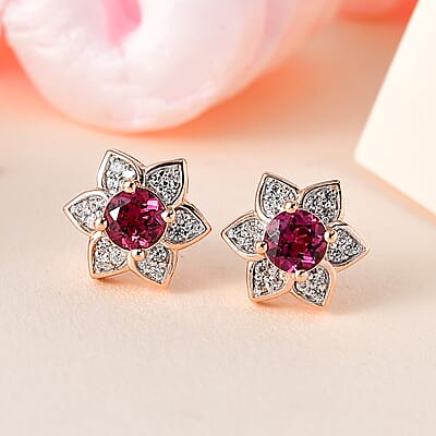 Tanzanian Rhodolite Garnet and White Zircon Flower Stud Earrings in Vermeil Rose Gold Over Sterling Silver 1.50 ctw