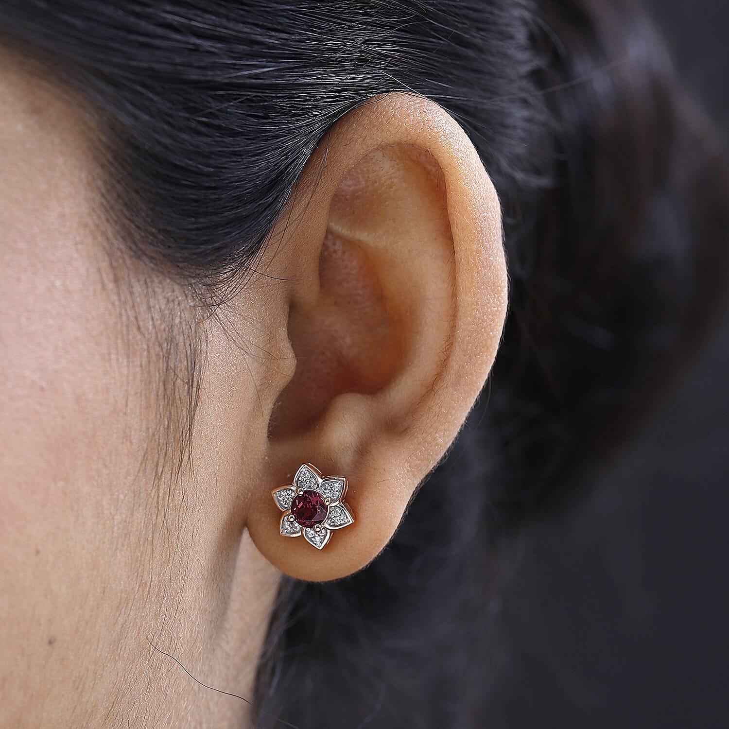 Tanzanian Rhodolite Garnet and White Zircon Flower Stud Earrings in Vermeil Rose Gold Over Sterling Silver 1.50 ctw