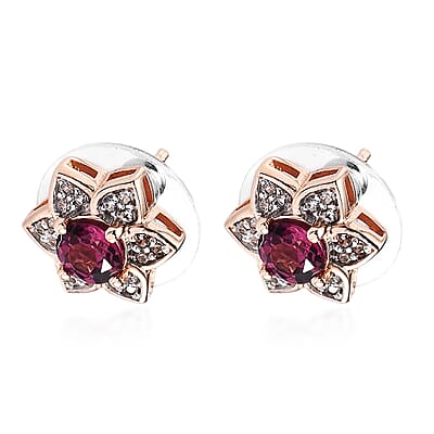 Tanzanian Rhodolite Garnet and White Zircon Flower Stud Earrings in Vermeil Rose Gold Over Sterling Silver 1.50 ctw